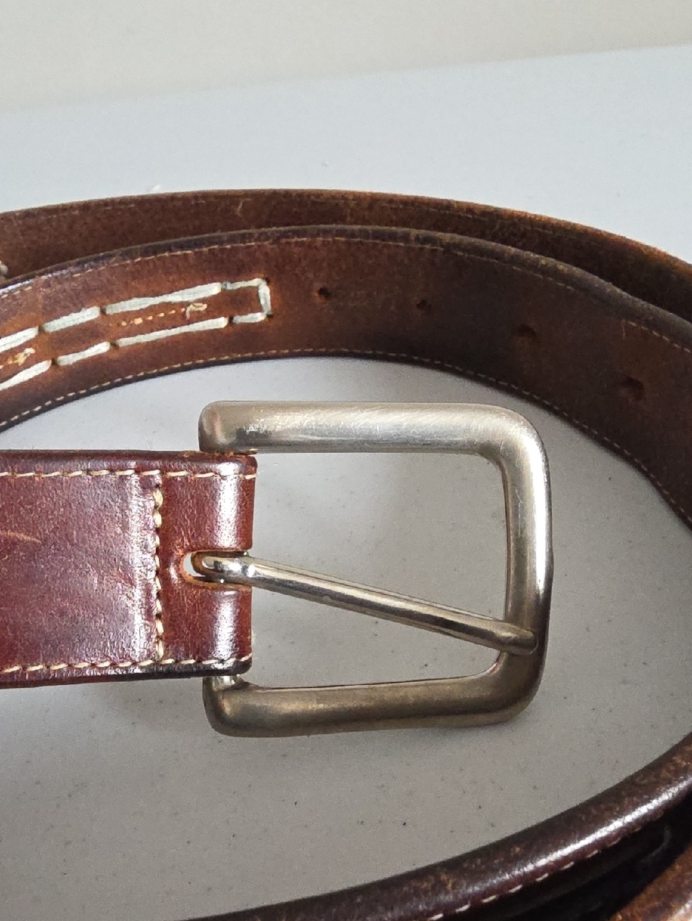 MADE IN ITALY brown leather belt contrast stitching overlay details Sz 38 - Picture 3 of 5